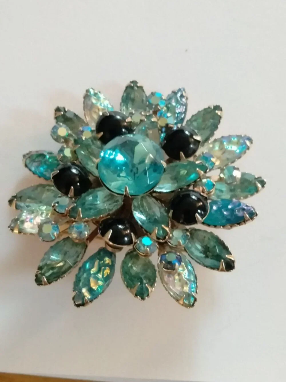 Blue Rhinestone Flower Brooch Aqua Marquise Lava Glass Black Vintage Statement